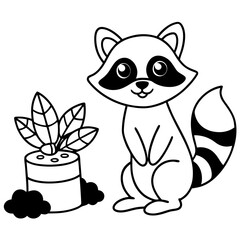 Cartoon Raccoon with Leaf by Tree Stump and Mushrooms Art vector illustration