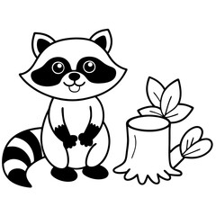 Cartoon Raccoon with Leaf by Tree Stump and Mushrooms Art vector illustration
