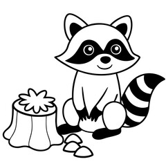 Cartoon Raccoon with Leaf by Tree Stump and Mushrooms Art vector illustration