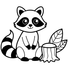 Cartoon Raccoon with Leaf by Tree Stump and Mushrooms Art vector illustration