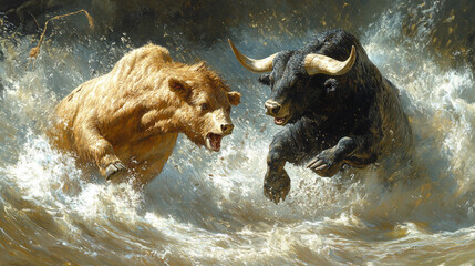bull and bear in nature, symbolizing the fierce competition between market forces and financial volatility