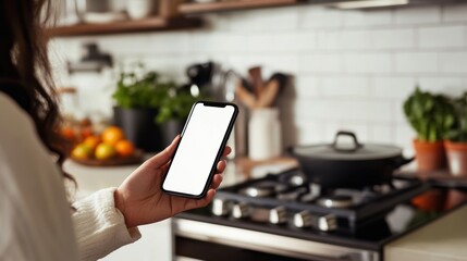 Modern Cooking: Using Mobile Phone with White Screen in Kitchen