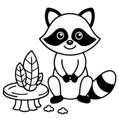 Cartoon Raccoon with Leaf by Tree Stump and Mushrooms Art vector illustration