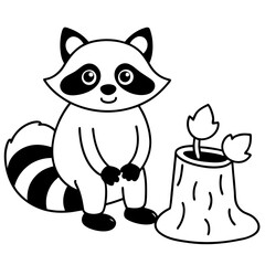 Cartoon Raccoon with Leaf by Tree Stump and Mushrooms Art vector illustration