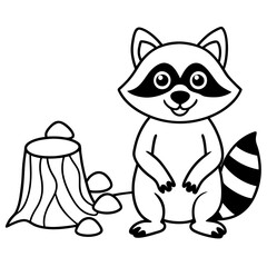 Cartoon Raccoon with Leaf by Tree Stump and Mushrooms Art vector illustration