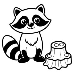 Cartoon Raccoon with Leaf by Tree Stump and Mushrooms Art vector illustration