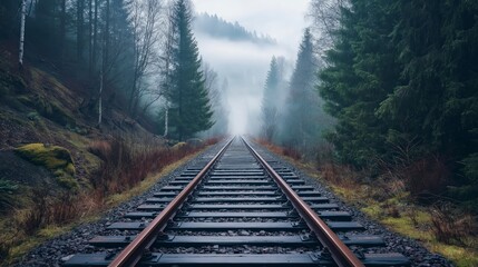 Fototapeta premium A single track railway disappears into the dense fog of a misty forest.