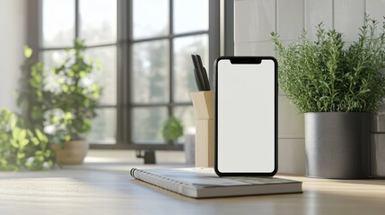 Modern Technology in the Kitchen: Smartphone with White Screen on Counter Beside Recipe Book