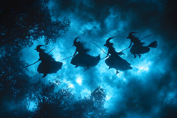 Witches Soaring Under a Starry Night Sky, a mystical scene depicting cloaked figures on broomsticks, illuminated by a full moon, surrounded by twinkling stars and swirling clouds.