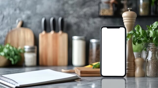 Modern Technology in the Kitchen - Mobile Phone on White Screen with Recipe Book on Countertop
