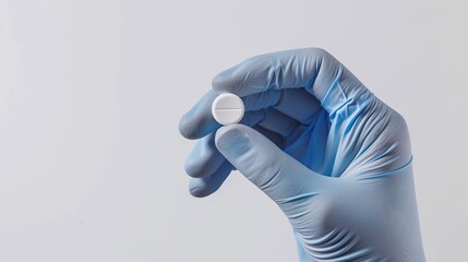 Female hand in blue medical glove stretching white round pill on white background