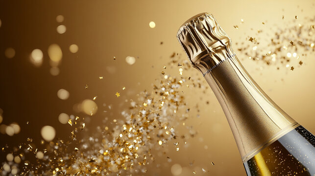 bottle of champagne with gold sparkles, symbolizing celebration, joy, and luxury, set against a festive background. Perfect for conveying festive moments and achievements