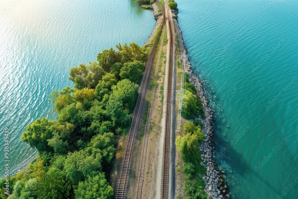 Poster aerial view of a train track alongside a lake or river, suitable for use in travel or infrastructure