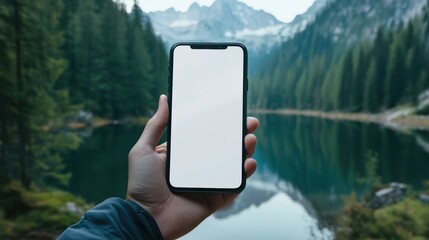 Serene Moment by the Lake - Person Holding Mobile Phone with White Screen Outdoors