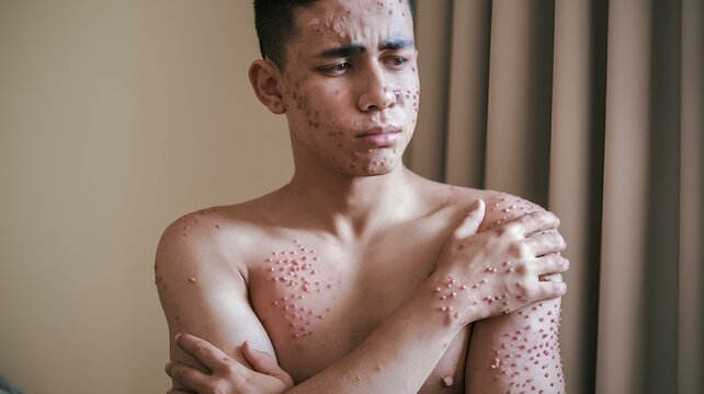 Concerned young man with widespread monkeypox rash on face, shoulders, and chest, displaying pustules and skin lesions in an indoor setting, highlighting the impact of a viral infection.