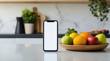 Modern Smartphone on Kitchen Counter with Fresh Fruit Bowl - Technology and Healthy Eating Concept