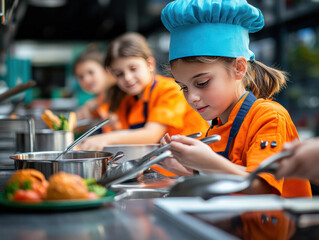 A young chef focuses on cooking in a vibrant kitchen environment, showcasing creativity and passion for culinary arts.