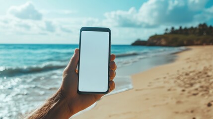 Connected by the Sea - Person Walking on Beach Holding Mobile Phone with Blank Screen for Text or App Insertion