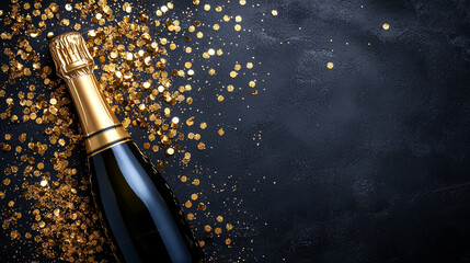 close-up of a bottle of champagne with gold sparkles, symbolizing celebration, joy, and luxury, set against a festive background. Perfect for conveying festive moments and achievements