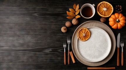   A white plate holds an orange slice beside a mug of coffee and utensils on a wooden tabletop