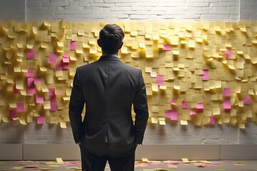 Business man looking at wall full of post it notes. Creative professional brainstorming at a whiteboard covered in colorful post it notes. Working business cooperation concept