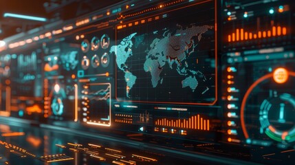 High tech digital interface visualizing global economic policy scenarios and projections