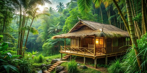 Bamboo house nestled in lush jungle surroundings, shelter, construction, wooden, tropical, environment, green, retreat, tranquil, natural, nature, eco-friendly, peaceful, sustainable