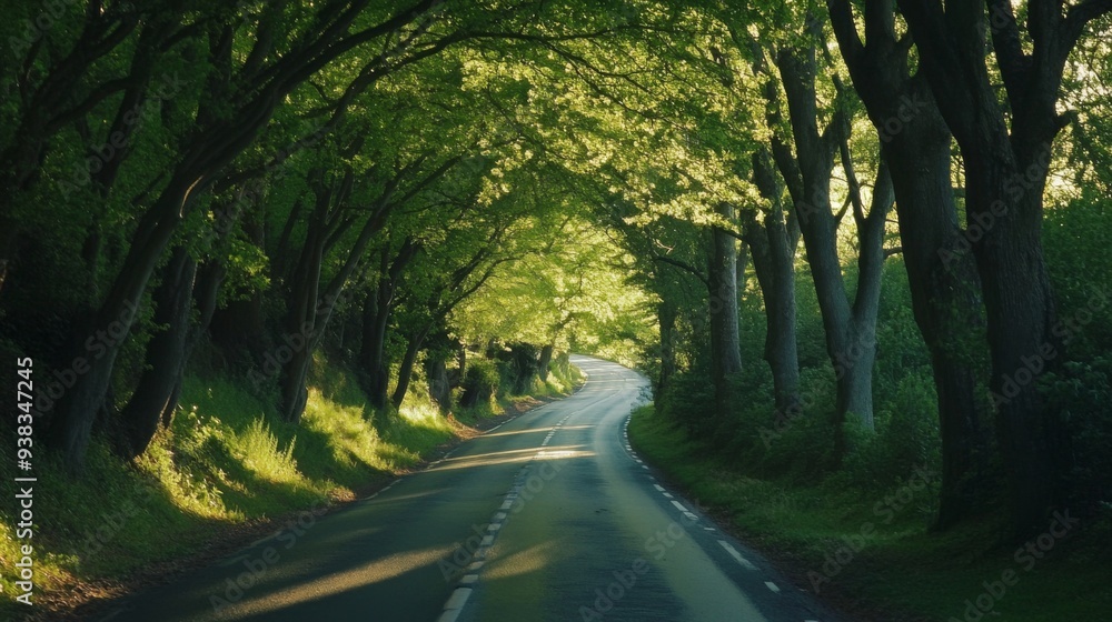 Poster Close-up of a scenic road with a canopy of trees arching overhead, creating a tunnel of green and dappled sunlight