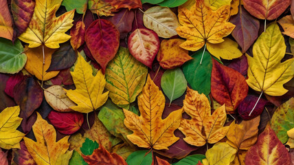 A colorful pattern of autumn leaves on the ground showing a variety of color