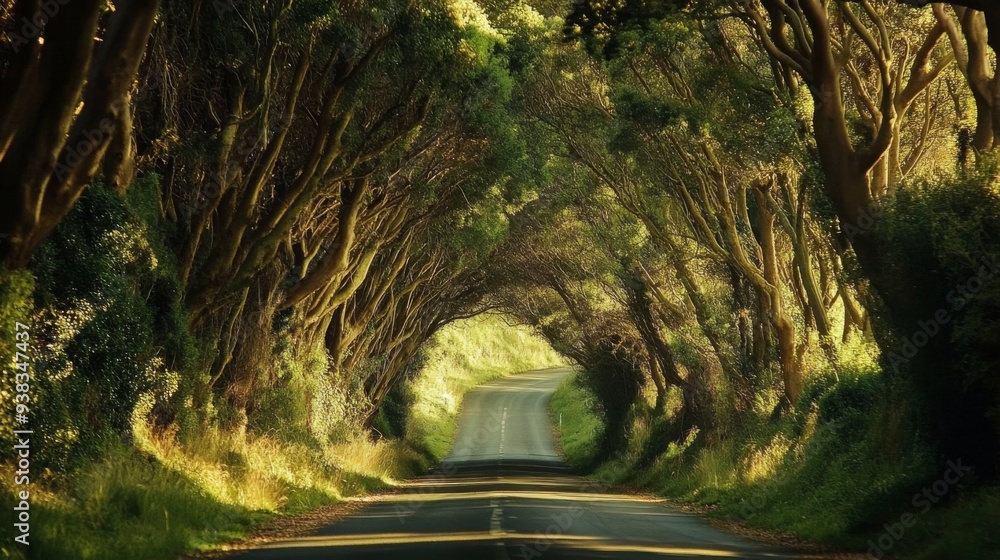 Aufkleber Close-up of a scenic road with a canopy of trees arching overhead, creating a tunnel of green and dappled sunlight