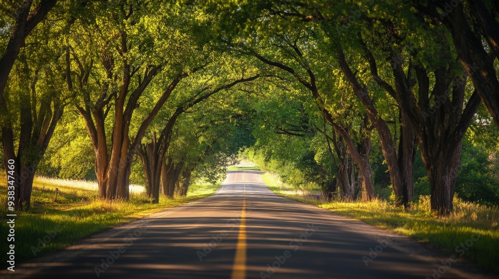 Aufkleber close-up of a scenic road with a canopy of trees arching overhead, creating a tunnel of green and da