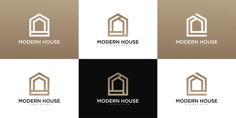 Set of build house logo with line art style abstrack. Premium Vector