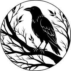 Elegant Raven Silhouette Minimalist Black and White Vector Design with Eerie Gothic Symbolism  Art vector illustration