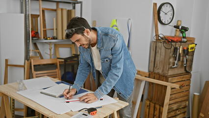 A young bearded man measuring wood in a carpentry workshop room, with tools and workbench