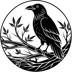 Elegant Raven Silhouette Minimalist Black and White Vector Design with Eerie Gothic Symbolism  Art vector illustration