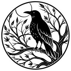 Elegant Raven Silhouette Minimalist Black and White Vector Design with Eerie Gothic Symbolism  Art vector illustration