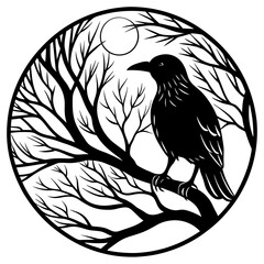 Elegant Raven Silhouette Minimalist Black and White Vector Design with Eerie Gothic Symbolism  Art vector illustration