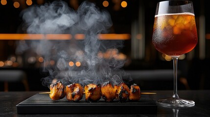   A plate of food with smoke rising from it, captured in a close-up shot, is placed against a glass of beer in the background