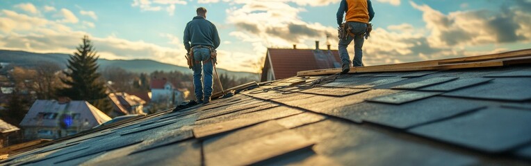 Skilled Handymen Repairing a House Roof in Cloudy Weather