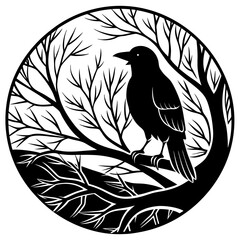 Elegant Raven Silhouette Minimalist Black and White Vector Design with Eerie Gothic Symbolism  Art vector illustration