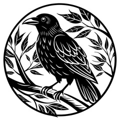 Elegant Raven Silhouette Minimalist Black and White Vector Design with Eerie Gothic Symbolism  Art vector illustration