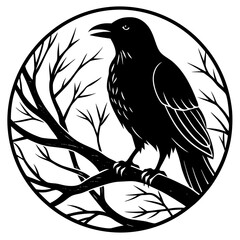 Elegant Raven Silhouette Minimalist Black and White Vector Design with Eerie Gothic Symbolism  Art vector illustration
