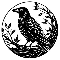 Elegant Raven Silhouette Minimalist Black and White Vector Design with Eerie Gothic Symbolism  Art vector illustration
