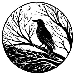Elegant Raven Silhouette Minimalist Black and White Vector Design with Eerie Gothic Symbolism  Art vector illustration