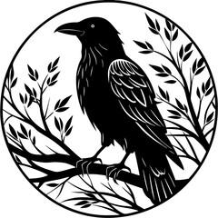 Elegant Raven Silhouette Minimalist Black and White Vector Design with Eerie Gothic Symbolism  Art vector illustration