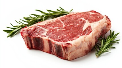Fototapeta premium Raw ribeye beef steak with fresh rosemary sprigs isolated on a clean white background.