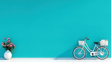  A white bicycle rests beside a blue wall with a white vase of flowers adjacent to it
