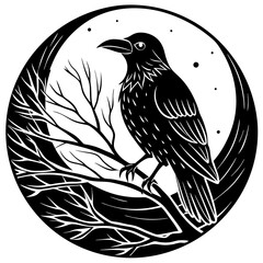 Obraz premium Elegant Raven Silhouette Minimalist Black and White Vector Design with Eerie Gothic Symbolism Art vector illustration