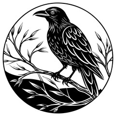 Elegant Raven Silhouette Minimalist Black and White Vector Design with Eerie Gothic Symbolism  Art vector illustration