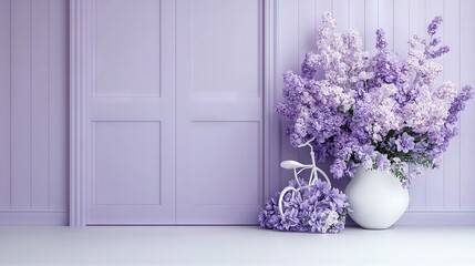   A white vase brimming with purple flowers positioned beside a white bicycle propped against a lilac-colored wall